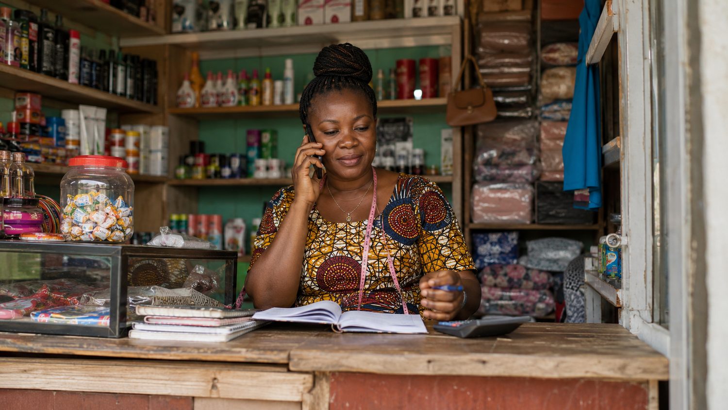 Commerçante congolaise au téléphone dans sa boutique